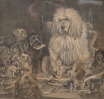 After Sir Edwin Landseer, RA (British, 1802-1873), pencil and heightened white, 'Laying down the law' together with ‘The Fight in the Standard’, after Richard Ansdell (British, 1815-1885), largest 44 x 35cm. Condition -